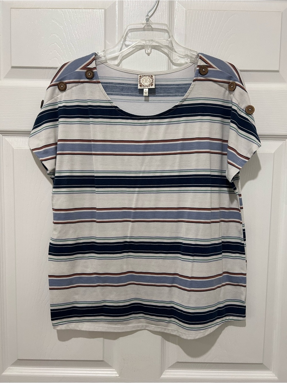 Truself Striped Button-Shoulder Tee - White, Navy & Light Blue